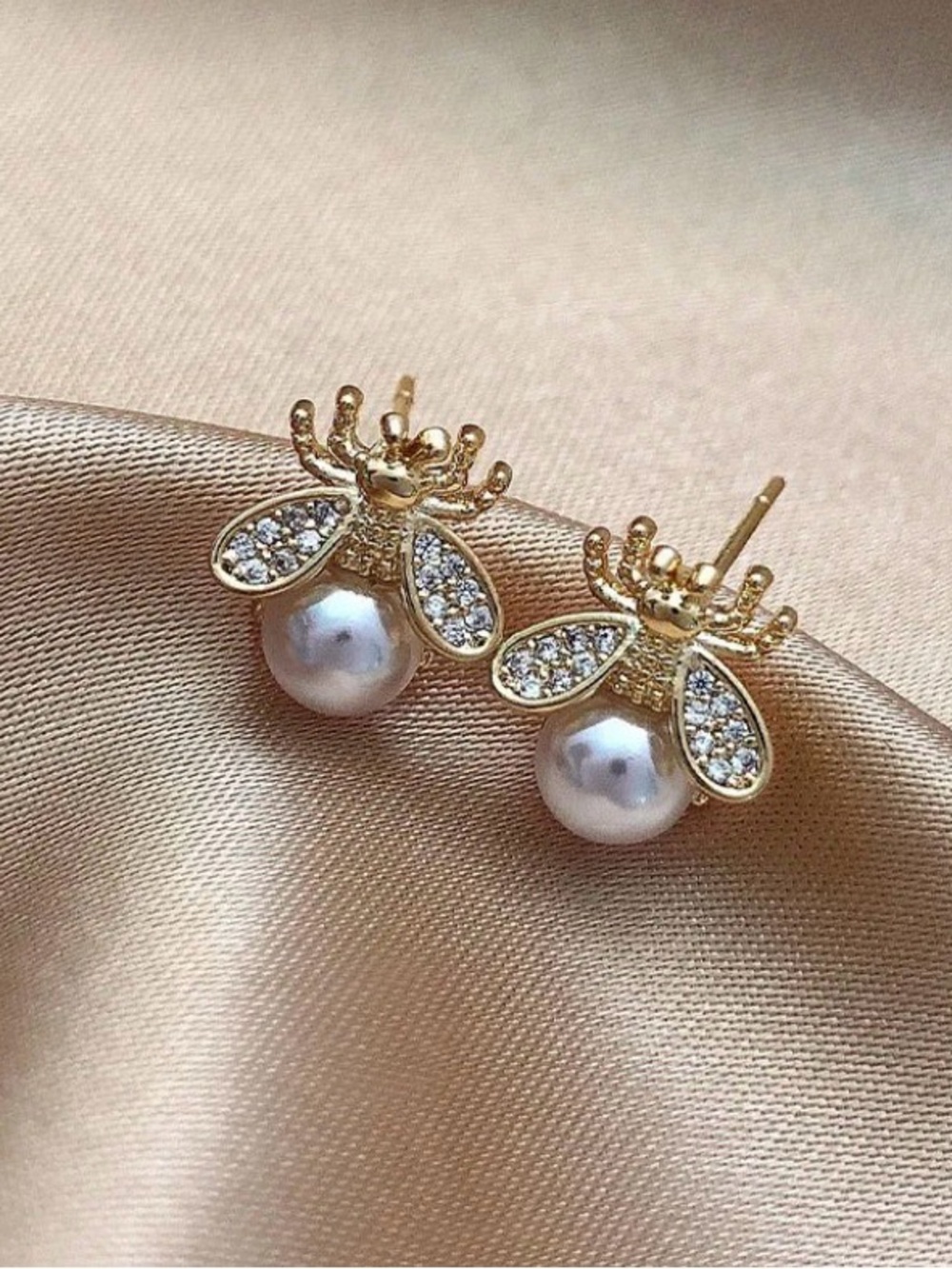 Gold Bee Pearl and zirconia Stud Earrings - Women Jewelry
